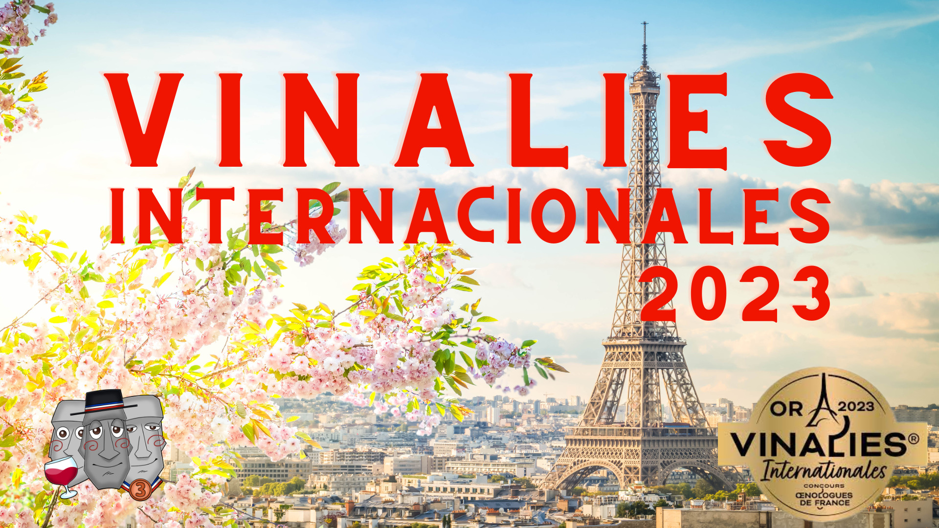 パリのエッフェル塔を背景にvinalies internacionales（ワインコンクール）のタイトルとロゴ、モアイのロゴ